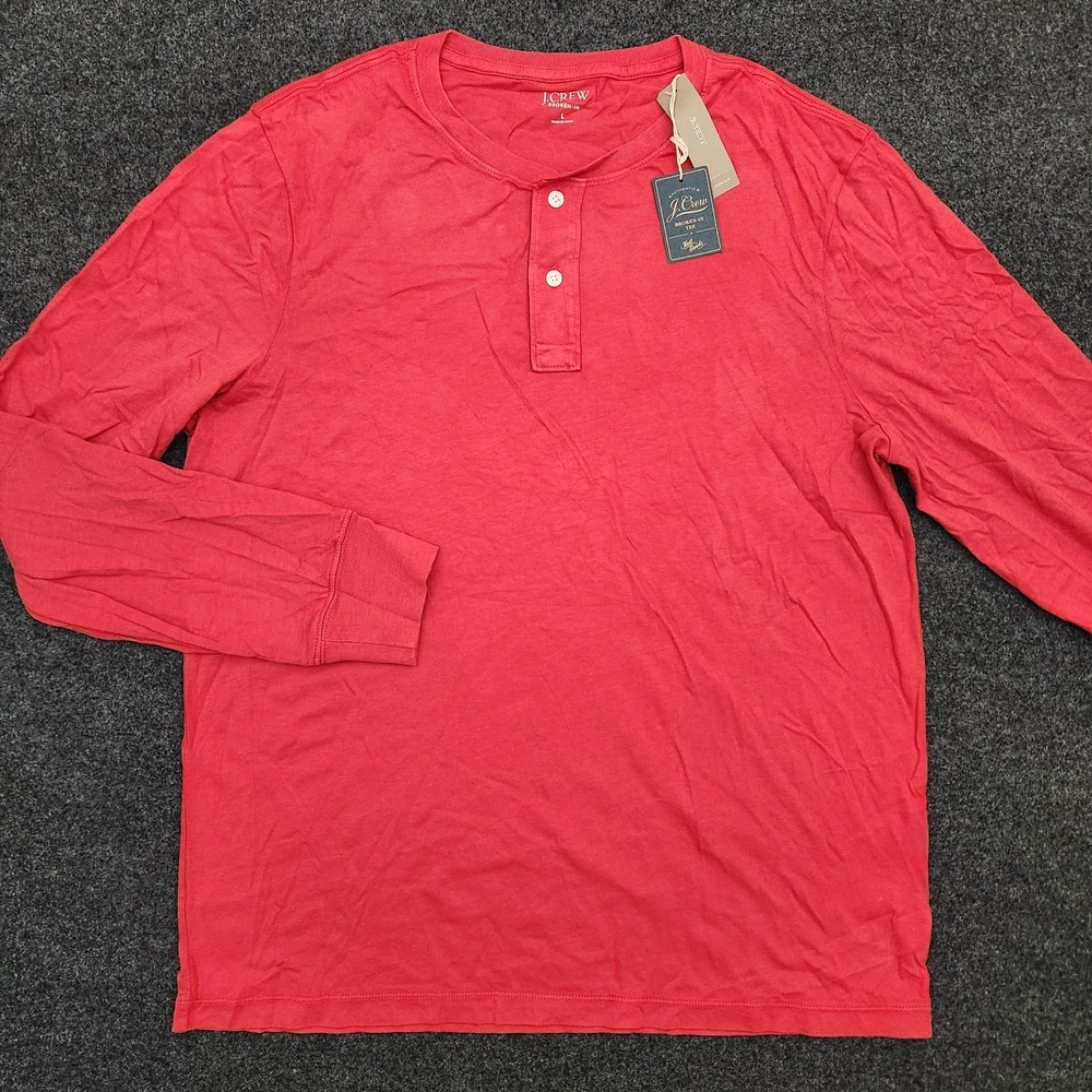 J.Crew Mens Large Red Broken in Long Sleeve Henley T-Shirt 100% Cotton Cozy